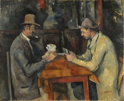 Another work from the series shows a pair of men studiously playing. The paintings are remarkable for the quiet dignity of their subjects.